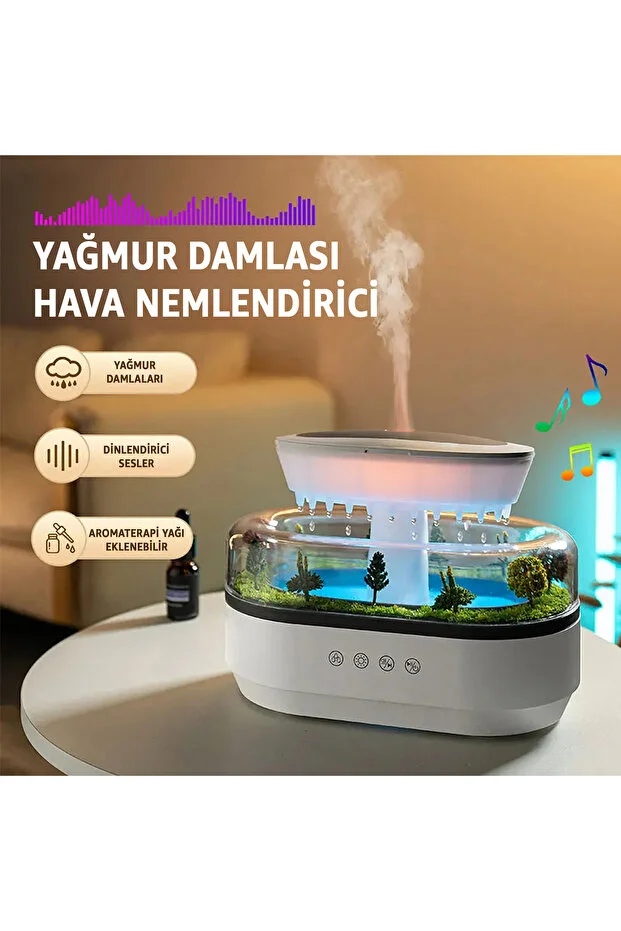 Yağmur Damlası Hava Nemlendirici - Aromaterapi Difüzör - 7 Renk RGB - Dinlendirici Sesler